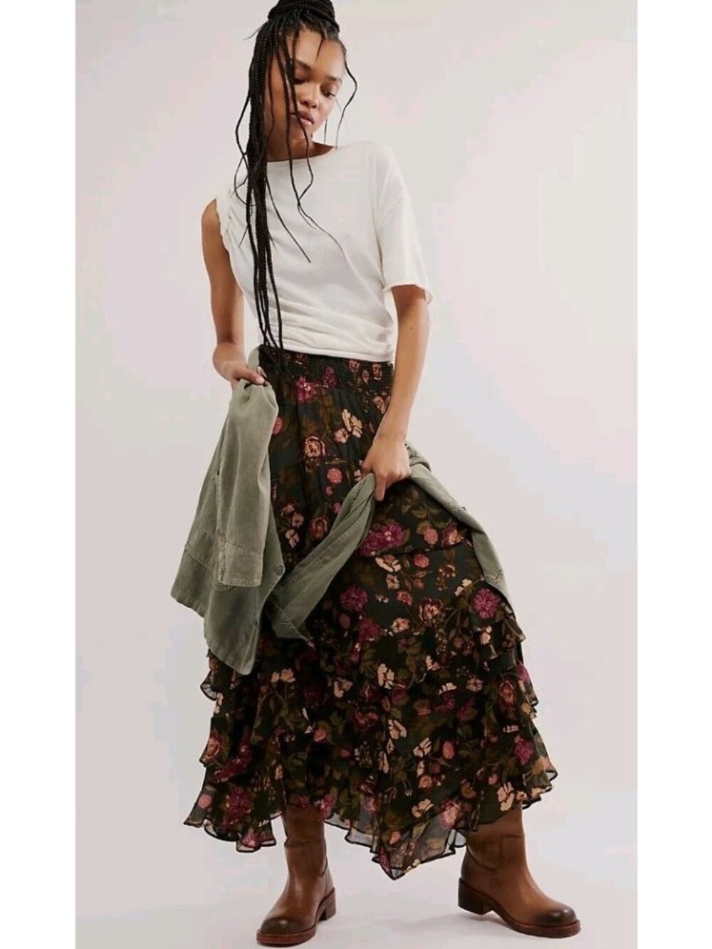 Free People Sz XSmall Lolita Tiered Black Floral Ruffle Maxi Skirt Peasant Boho